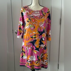 Multi-color dress. 3/4 sleeve with bead detail at neck.  Scoop back.  So pretty